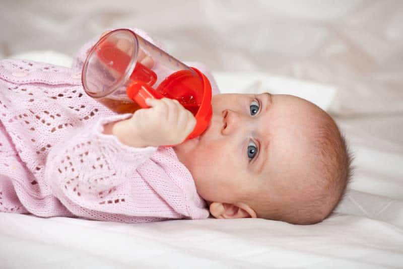Baby girl of 5 months with sippy cup on white blanket