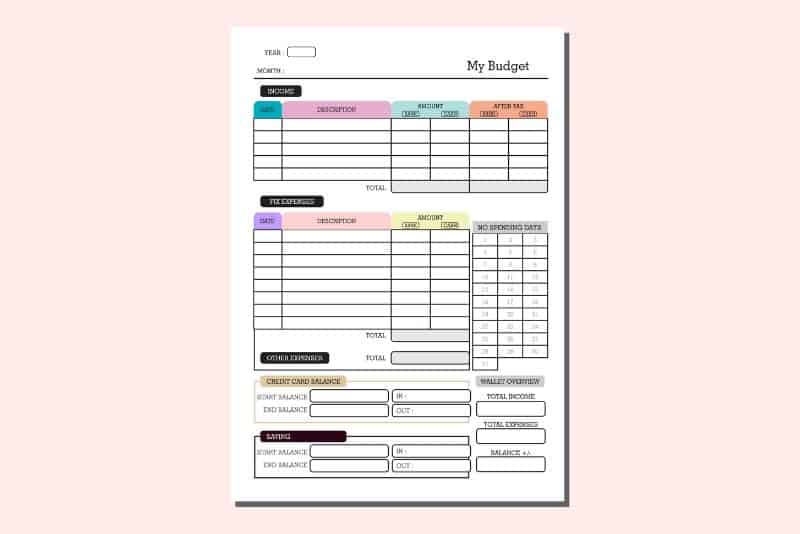 Budget calendar template free printable