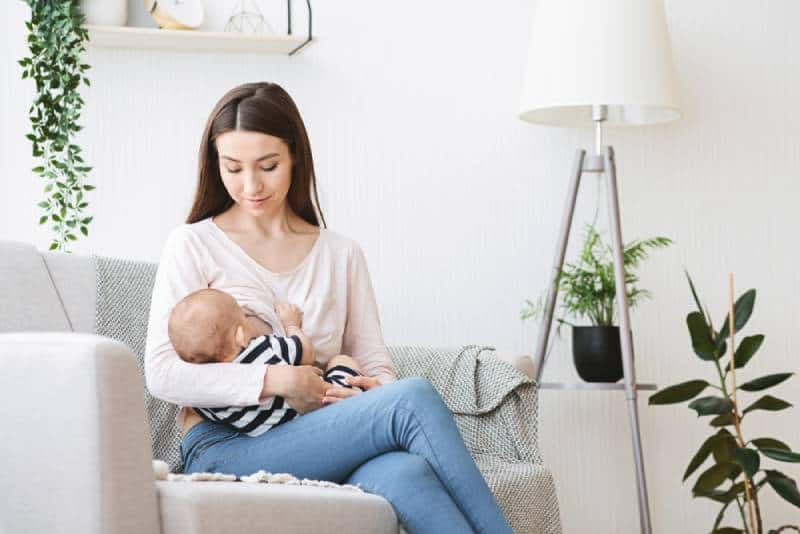 mother breastfeeding newborn baby on couch at home