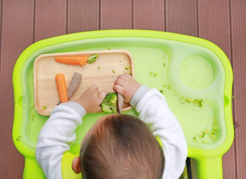 Top view of infant baby eating at the green table by Baby Led Weaning concept