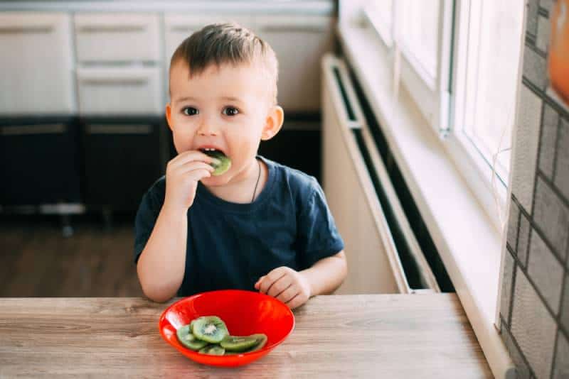 The boy at the table eating kiwi sliced into slices in a red plate