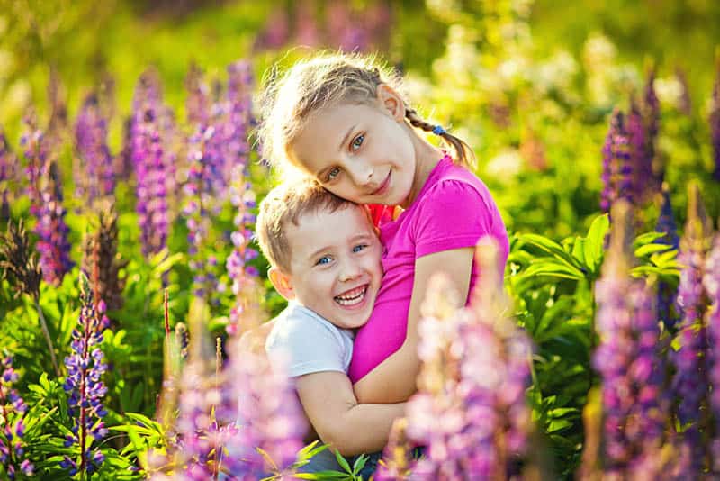 big sister hugging her brother in the lavender field