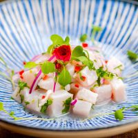 ceviche served in a colorful blue plate