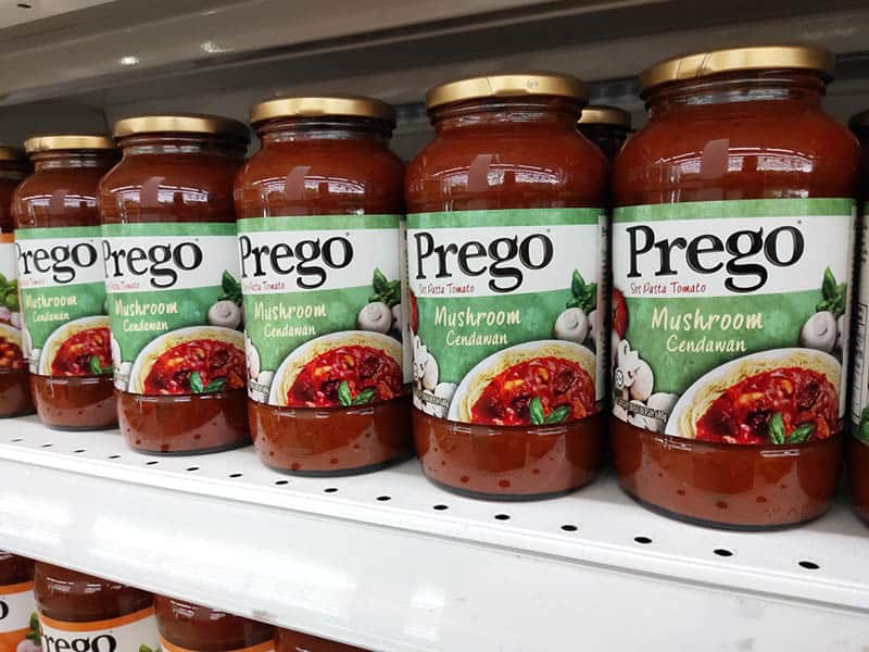 Prego brand pasta sauce on store shelf
