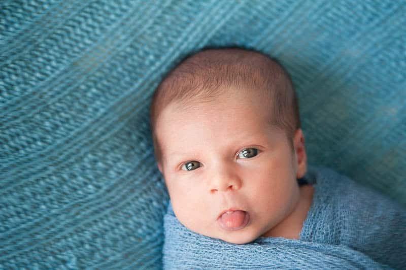 newborn baby boy looking at the camera and sticking out his tongue